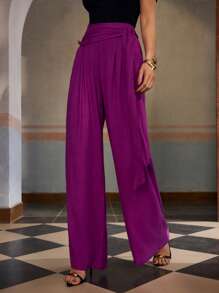 ZEYLAH Women's Belted Linen Wide Leg Pants, Summer Vacation - Purple - View 8