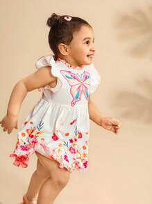 SHEIN Babygirl Summer Cute Butterfly & Floral Print Flutter Sleeves Dress - Purple - View 1