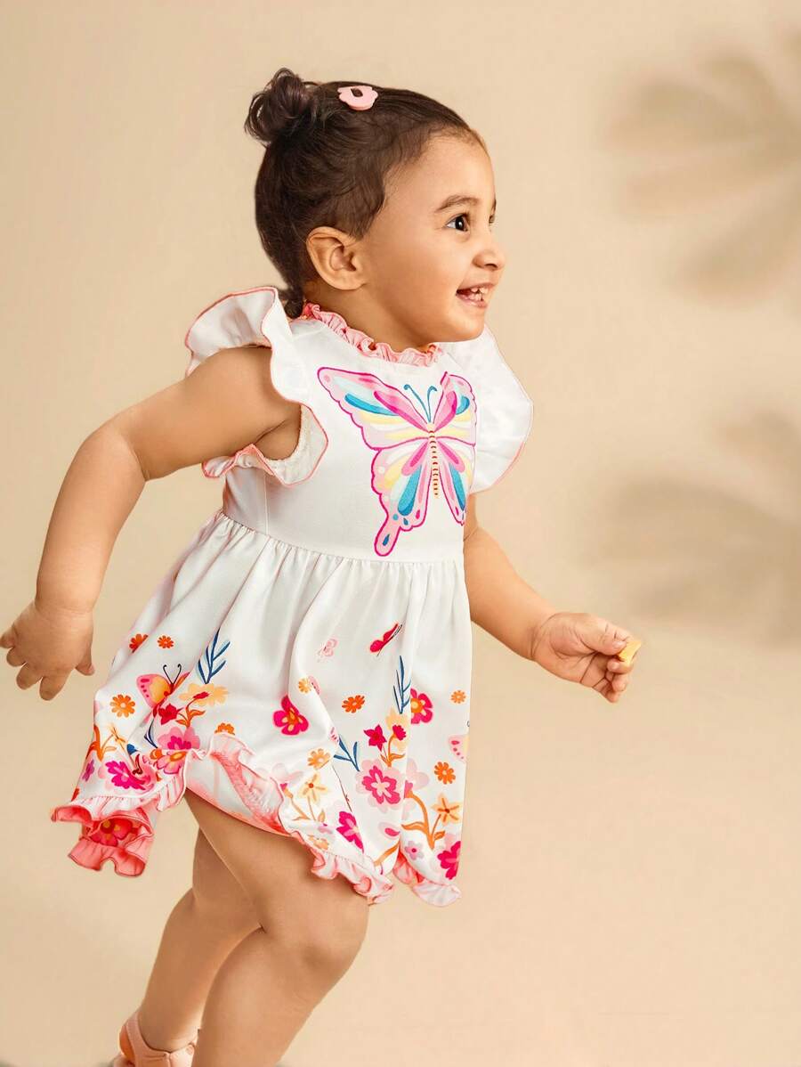 SHEIN Babygirl Summer Cute Butterfly & Floral Print Flutter Sleeves Dress - Purple - View 1