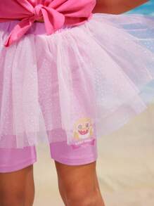 BABY SHARK X SHEIN Leggings de malha contrastantes com estampa de tubarão fofa para meninas - Rosa - Ver 3