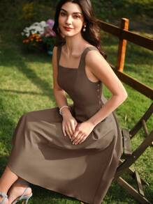 Vintamour 复古优雅女式连衣裙，带口袋纽扣，休闲度假，女士夏季服装，女士度假服装，浪漫连衣裙，女士夏季连衣裙，女士沙滩服装，90 年代服装，女士连衣裙，优雅夏装，女士春季服装，女士春季连衣裙，女士连衣裙，夏季度假连衣裙，沙滩连衣裙，女士太阳裙，蓝色连衣裙，女士复活节连衣裙，女士夏季服装，女士绿色连衣裙 - 棕色 - 查看 3