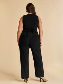 SHEIN BAE Summer Beach Vacation Plus Size Clothing Holiday Clothing Party Gathering, Date Travel, Go Out, Music Festival Clothing, Concert Clothing, Country Music Festival Clothing, Metal Flower Button Commuter Suit Vest Suit Suit Office Suit Work Wear - Black - View 3