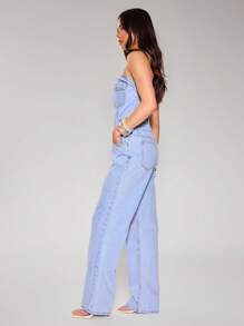 MUSERA 无袖纽扣牛仔连体裤，酷女孩春夏趣味生日时尚款 - 淺色水洗藍 - 查看 2