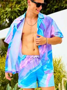 Manfinity Swimmode Camisa de Manga Curta com Estampa Tie Dye e Shorts, Traje de Praia Havaiano, para Homens