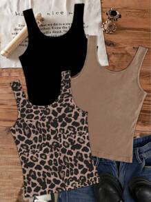 SHEIN EZwear Set de 3 blusas de tirantes ligeras con estampado de leopardo, adecuadas para vacaciones de verano - Multicolor - Ver 2