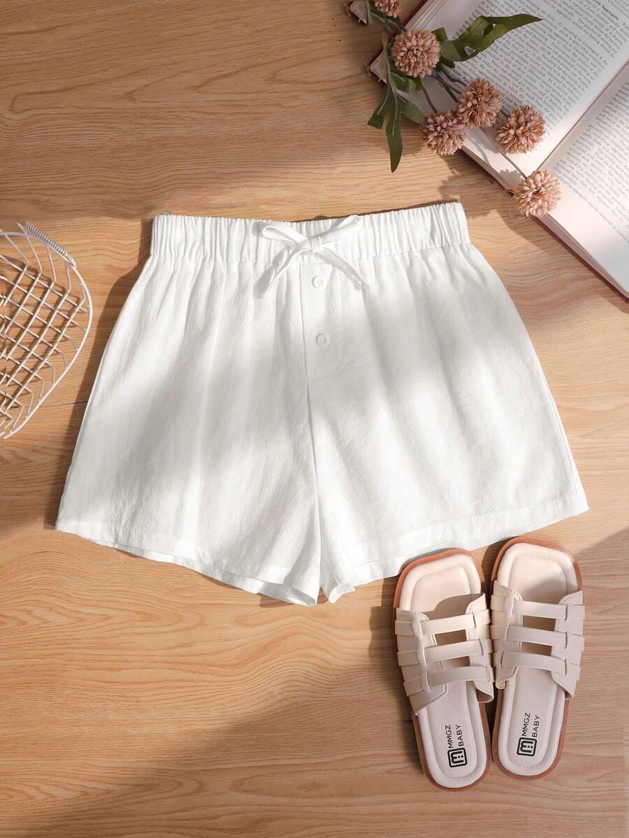 SHEIN Tween Girls Casual Solid White Front Button Drawstring Waist Shorts
