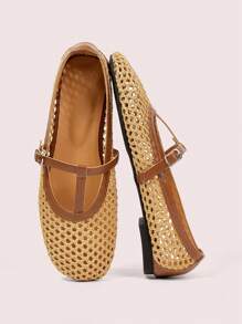 CUCCOO DOLLMOD Women's Fashion Apricot T-Strap Hollow-Out Woven Flat Shoes - Apricot - View 2
