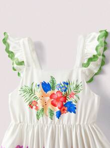 SHEIN Vestidos com Babados na Barra e Estampa Tropical para Meninas Jovens no Verão - Multicolorido - Visão 10