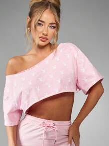 Missguided x Playboy Top corto de hombros al descubierto con estampado de conejito, de algodón, para verano, resort, casual, descanso, festival, club, ropa deportiva activa, moda de ocio