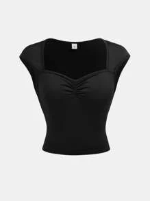 SHEIN Teen Girl Knitted Solid Color Ruched Bust Tee, Back To School , Cute, Holiday Family Outdoor Spring Picnic Everyday Wear, Black Top, Suitable For Various Occasions