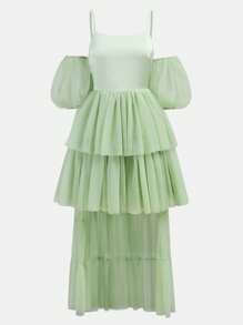 SHEIN Girlism Váy xếp lớp lưới dệt màu xanh lá cây cho bé gái tuổi teen, ngọt ngào, thanh lịch và lộng lẫy, thắt lưng, nơ sau lưng, dáng chữ A lớn, ngắn phía trước và dài phía sau, váy xòe nhiều lớp, thích hợp cho phù dâu, vũ hội tốt nghiệp, tụ họp tiệc tùng, thích hợp cho mùa xuân và mùa hè, váy dự tiệc, váy dạ hội dài - màu xanh lá - Xem 2