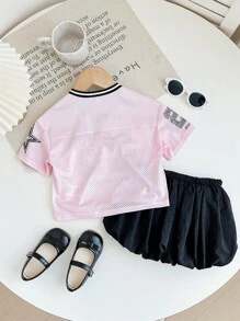 2Pcs/Set Baby Girl Casual Comfy Versatile Cute Printed Fuchsia Top & Black Skirt Outfit, For Back To School - Multicolor - View 2