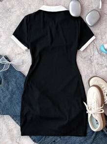 Teen Girls Black And White Casual Personalized Contrast Collar Ribbed Knit Buttons Snug Fit Dress, Summer Dresses, Butterfly Embroidery