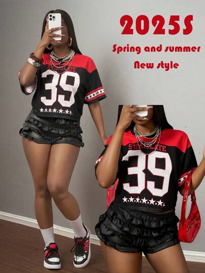 Slaydiva V-Neck Casual Letter Print Patchwork Sports Oversized Knit T-Shirt, Multi-Color