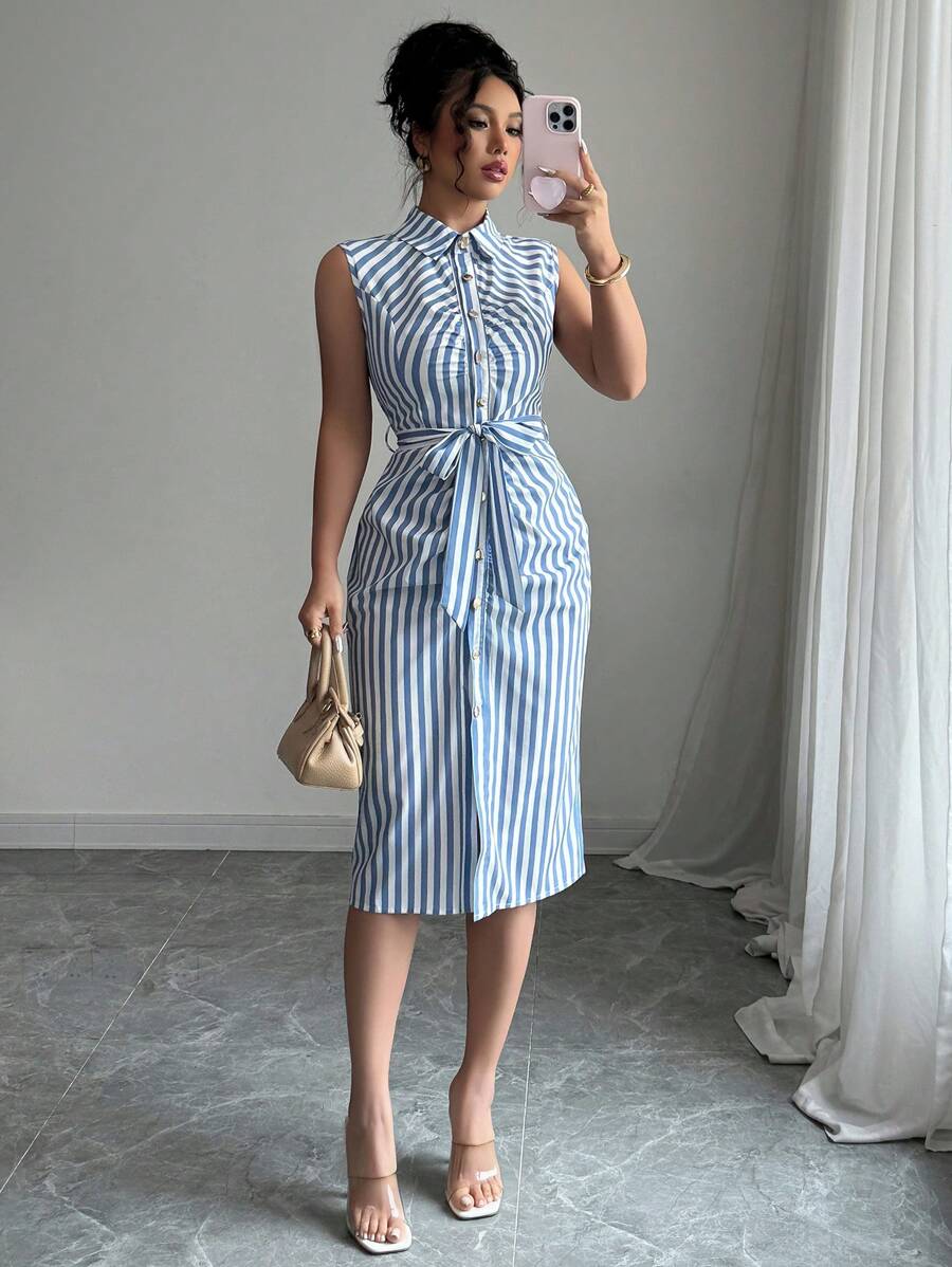 Elenzga Women's Plaid Single-Breasted Belted Sleeveless Midi Shirtdress - Blue - View 1