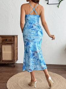 SHEIN 优雅花卉印花无袖孕妇修身连衣裙 - 藍色 - 查看 2