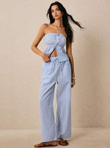 Poéselle 2件套女士条纹前系带抹胸上衣和裤子，休闲 - 藍白色 - 查看 5
