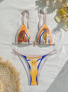 Swim Vcay New Fruit & Ocean Printed High-End Rhinestone Women Bikini 2 Pieces Set With Adjustable Straps, Summer Resort , Beach - Multicolor - View 4