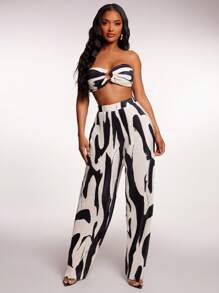 Radiana 2 件套抽象笔触印花褶饰纹理系带抹胸上衣和高腰阔腿裤，休闲度假、约会、街头、通勤、春夏