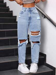 SHEIN PETITE Women's Distressed Solid Color Washed Fashionable Ripped Denim Jeans, Summer - Light Wash - View 3