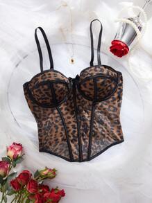 SHEIN Sujetador deportivo sin aros con estampado de leopardo sexy y largo para mujeres