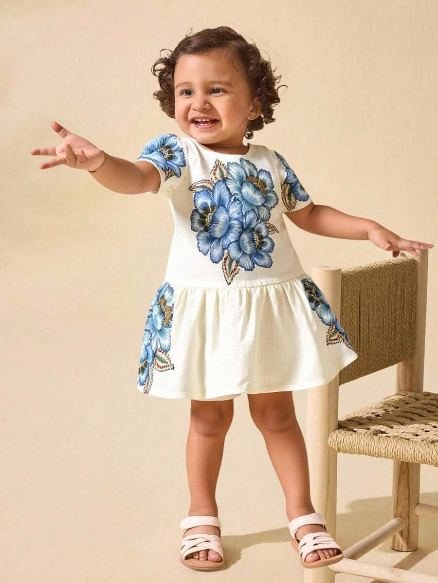 SHEIN Vestido de manga corta con patrón floral de color albaricoque adorable para bebé niña en verano - Multicolor - Ver 1