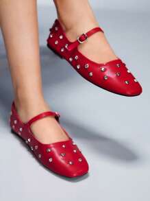 Cuccoo CUCCOO GRLICON Zapatos planos con correa de hebilla de rhinestone, corte en V y punta cuadrada, para estilo de motocicleta y calle, atuendo de verano para mujeres