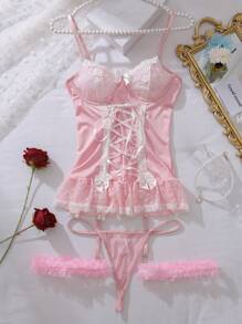 SHEIN Bộ đồ lót áo ngực ren tương phản gợi cảm trang trí nơ cho nữ, 4 món để đi chơi - Hồng - Xem 5