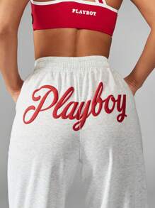 Missguided x Playboy Athletic Wide Leg Sweatpants Loungewear Workout Athleisure Soft Drawstring Elastic Waist Winter Comfort Pants Fall Winter Fashion