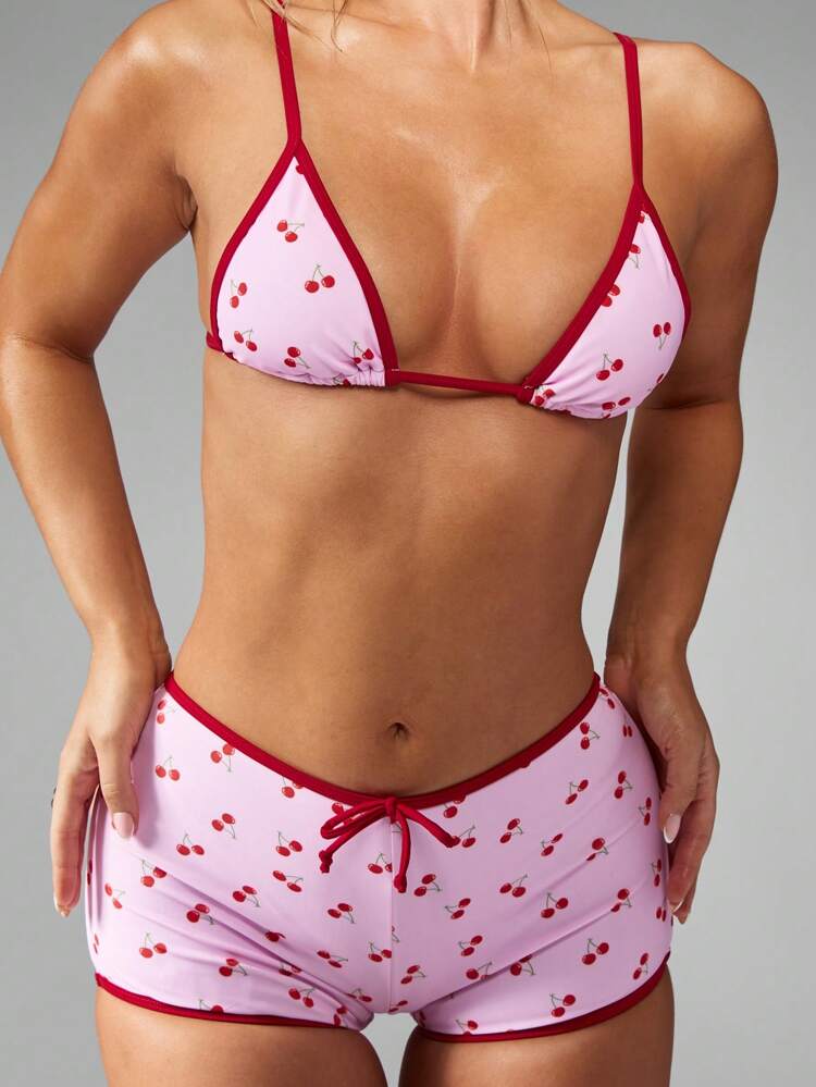 MISSGUIDED Cherry Pattern Two Piece Swimsuit Triangle Top Boyshort Bottom Summer Beach Swimming Pool Bathing Suit Adjustable Straps Retro Style Loungewear