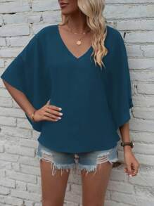 Blusa de manga corta con cuello en V y unicolor, de moda para el verano - Agua verde azul - Ver 5