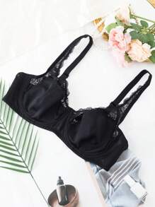1pc Plus Size Supportive Wireless Lace Patchwork Comfortable Bra For Large Bust - Black - View 7