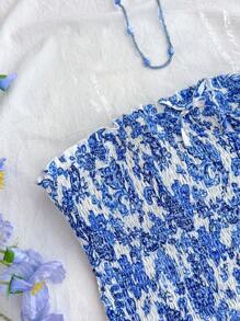 SHEIN Teen Girls' Blue Floral Print Ruched Elastic Bandeau A-Line Dress With Layered Ruffle Hem, Suitable For Vacation, Beach, Daily Wear In Spring & Summer - Blue and White - View 4