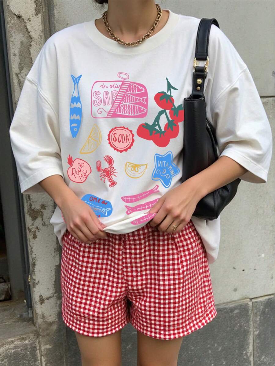 INAWLY Camiseta de manga corta con estampado de frutas y comida para mujer, camiseta casual de verano para señoras