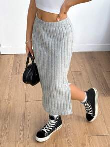 SHEIN Explorewe Tween Girls' Solid Color Separate Knit Skirt, Elastic Knit Fashion, Decorative Details, High Waist Design, Comfortable