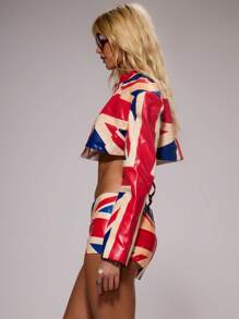 MUSERA Pu Leather High Neck Union Jack Cropped Jacket Spring, Summer, Holiday, Festival, Rave, Grunge, Cool Girl, Y2K Fall Streetwear