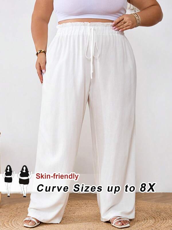 SHEIN CURVE+ Damen Große Größen einfarbige Hosen mit Rüschen an der Taille und weitem Bein, lässig für Sommer/Land/Strandurlaub Outfits/Strandoutfits/Strandmode