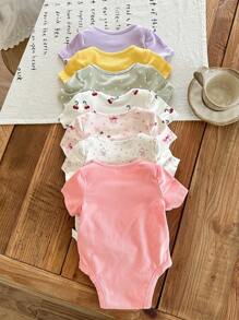 SHEIN LMoss Kids 7 قطع طقم رومبير أطفال حديثي الولادة بنات صيفي بطبعات كرتونية جميلة أكمام قصيرة مstriكة