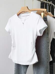 INAWLY Plus Size Women's Solid Color Minimalist Crew Neck Short Sleeve T-Shirt