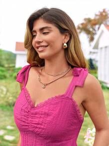 KURAYIA Body de encaje con textura, tirantes con lazo y contraste de talla grande para mujeres - Rosa Fucsia - Ver 7
