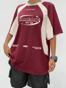 Coolane Women's Summer Streetwear Going Out Oversize Street-Style Versatile Splicing Contrast Color Moto Print Raglan Sleeve Jersey T-Shirt - Red - View 7