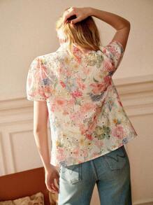 Écloséra Elegant And Fashionable Women's Embroidered Puff Short-Sleeved Shirt, Summer Women's Button-Down Shirt, Ladies Teacher Clothing - Multicolor - View 2