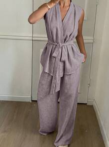 DAZY Bộ 2 món/Bộ áo ba lỗ cổ chữ V màu trơn có thắt lưng và quần ống rộng cho nữ - màu nâu - Xem 3