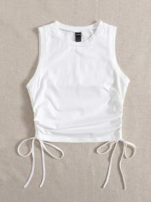 Comfortcana Drawstring Ruched Side Crop White Summer Outfits Back Tank Top - White - View 3