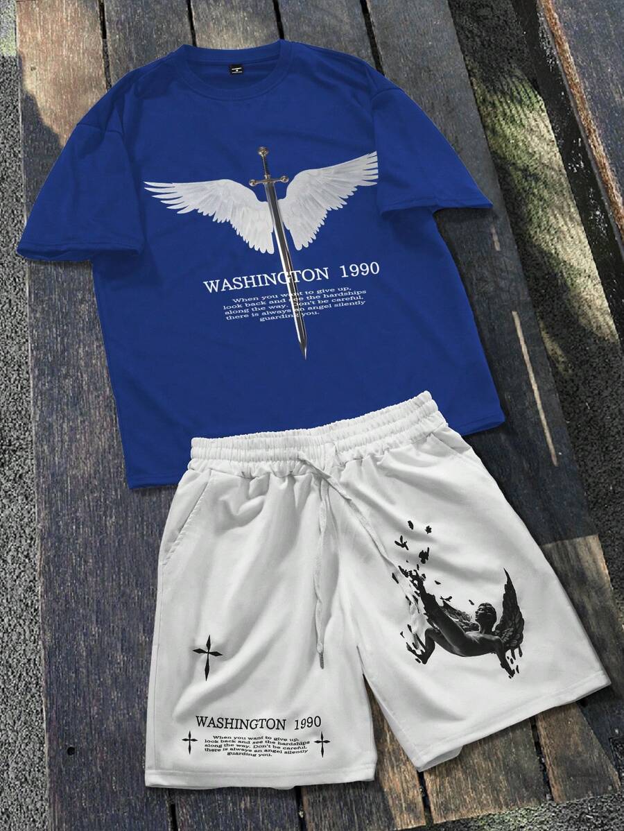 Manfinity Roghcode Men's Wings And Long Sword Printed T-Shirt And Drawstring Shorts Set,Blue And White,Summer,Streetwear,City Break Gift For Boyfriend 2 Pieces Short Set - Multicolor - View 1