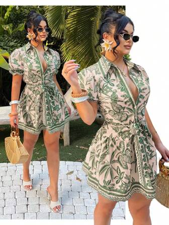 SHEIN SXY Boho Single-Breasted Tie-Front Short Sleeve A-Line Dress, Women Short Dresses Summer, Island Vacation Outfits, Summer Dress, Vacation Outfits Woman, Boho Women's Clothing, Cruise Outfits Women, Hawaii Outfits Women, Tropical Dress, Shirt Dress, Ibiza Outfits,Bohemian Clothes