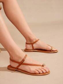 SHUZIA Women's Fashionable & Comfortable Gold Toe Ring Flat Sandals For Daily Wear & Vacation - Coffee Brown - View 2