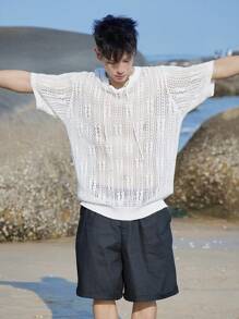 DAZY 男士纯白色抽绳镂空钩针编织沙滩度假套头衫，夏季 - 白色 - 查看 5