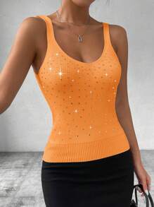 EMERY ROSE Women's White Rhinestone Rib Knit Camisole Top - Orange - View 6