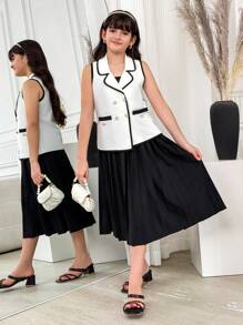 青少年女孩优雅西装领金色装饰纽扣背心上衣和休闲吊带褶边连衣裙套装，适合夏季外出和派对 - 黑色 - 查看 4